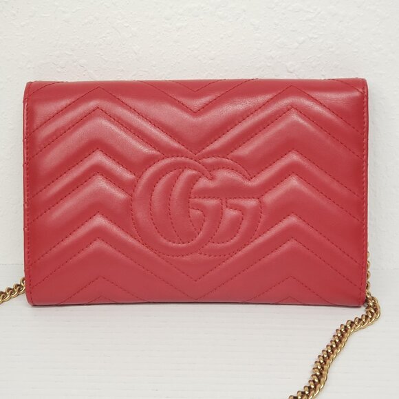 Gucci Marmont Red Chevron Gold Chain Clutch Crossbody Bag 550-100525 - Picture 2 of 16